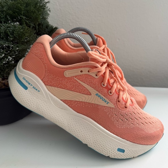 Brooks Shoes - Brooks  ghost max Women's Coral Peach Running Sneakers with Light Blue Accents